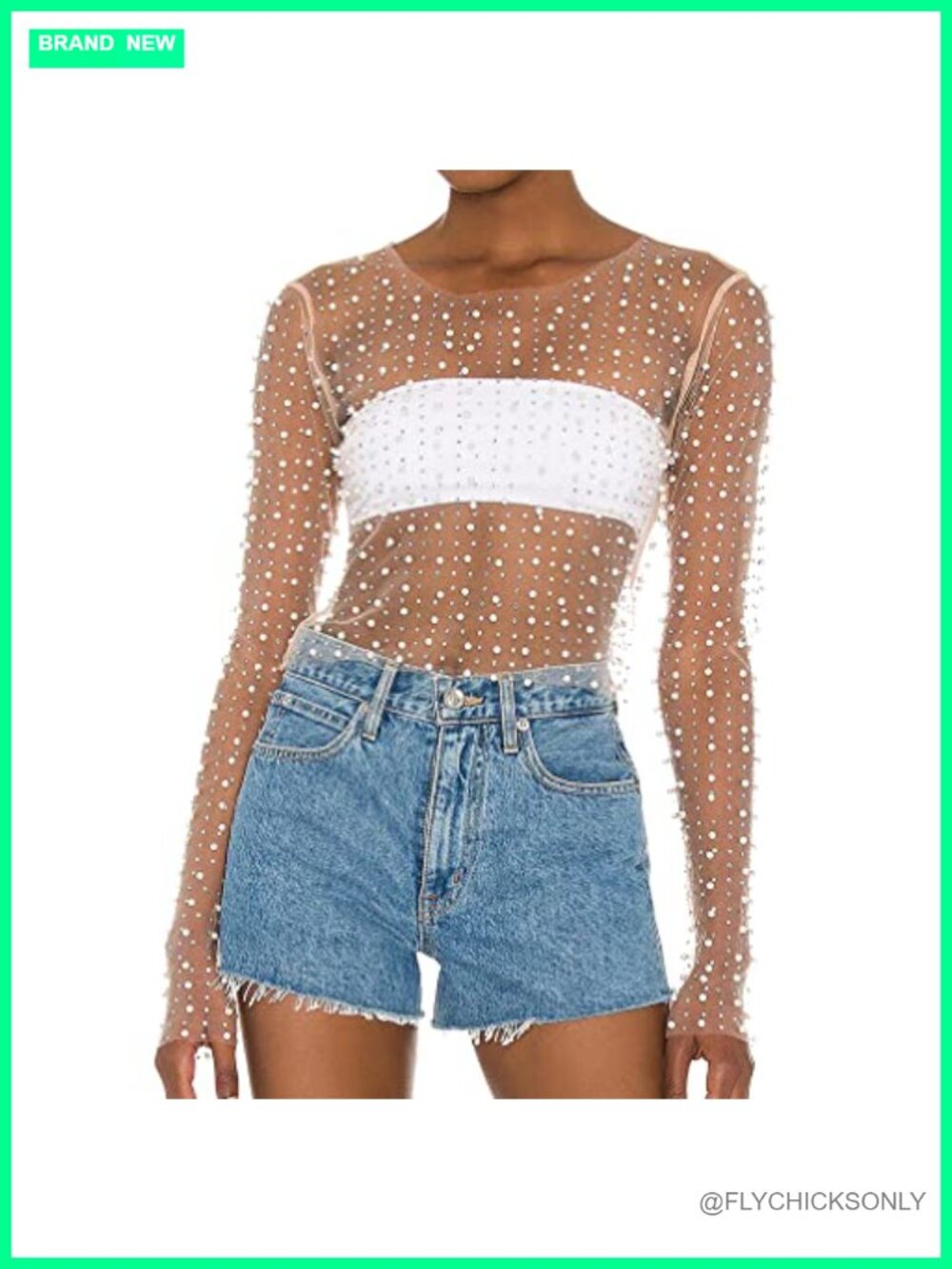 Pearl Rhinestone Sheer Mesh Crop Top Long Sleeve Clubwear Blouse